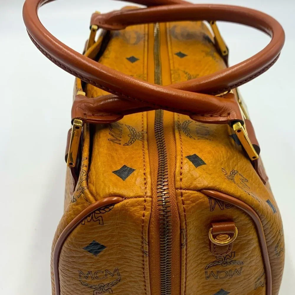 Auth MCM Visetos Cognac Brown Coated Canvas Leather Boston Tote Handbag Preloved